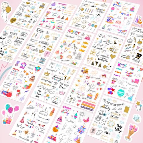 Gigmeta Sticker Geburtstag Set, 8 Stück Über 425 Motiv Selbstklebende Aufkleber Geburtstag, Birthday Stickers für DIY Geburtstagskarten Geschenke Gästebuch Fotoalbum Scrapbook, Party Deko von Gigmeta