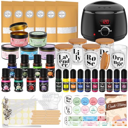 Kerzen Selber Machen Set mit Wachsschmelzer - Komplettes Candle Making Kit für Anfänger, Kerzen Gießen Set mit 1,5 kg Wachs, ätherischem öl, Kerzenfarbe, Gläsern, Aufklebern, Löffel, Klebepunkt von Gikikoko