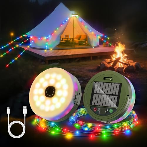 Giliwosy Solar Camping Lichterkette, 10M Camping Lichterkette Aufrollbar Solar mit 13 Beleuchtungsmodi, 2600mAh Akku, Timer, Wasserdicht, Solar und USB Aufladung für Camping Wandern Hof Party von Giliwosy