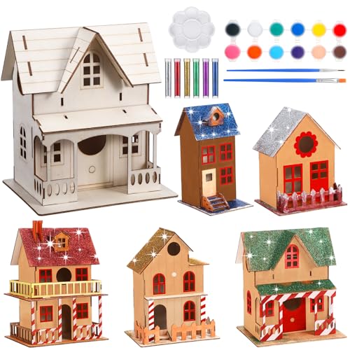 Gilprop 5-teiliges Weihnachts-Holzhaus-Set mit Pinselfarbe, unlackiertes Weihnachtsdorf zum Bemalen von Mini-Häusern zum Basteln, unlackiertes Holzhaus-Set für Weihnachten, Tischdekoration von Gilprop