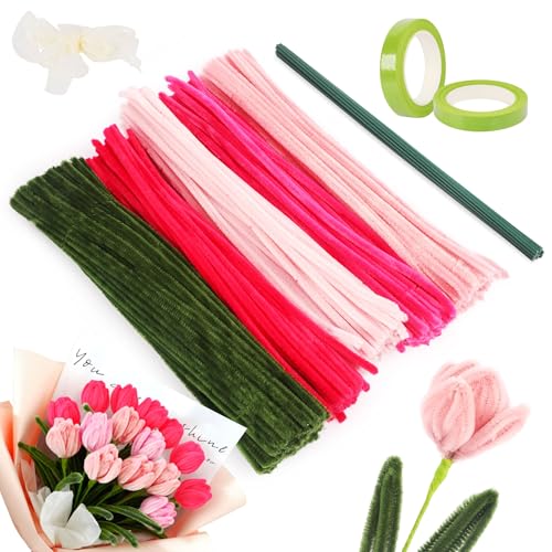 Gimars 300 Stück Pfeifenreiniger Blumen-Set, Pfeifenputzer in 5 Farben mit Blumendraht, Floristenkrepp, Schleifenband und Geschenkpapier für Blumenstrauß DIY Basteln und Dekorieren (Rosa/Rot/Grün) Gimars 300 Stück Pfeifenreiniger Blumen-Set, Pfeifenputzer in 5 Farben mit Blumendraht, Floristenkrepp, Schleifenband und Geschenkpapier für Blumenstrauß DIY Basteln und Dekorieren (Rosa/Rot/Grün) von Gimars