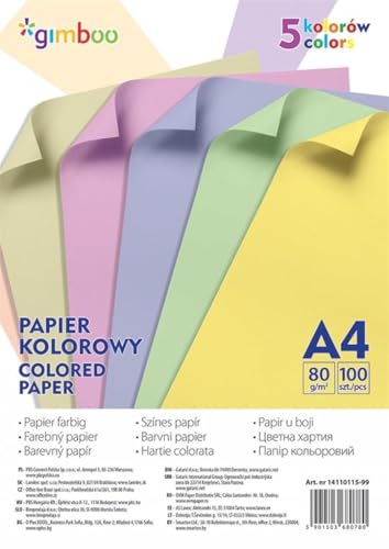 Gimboo Buntpapier Pastell 100 Blatt A4/ 80 gsm/Farbmischung aus 5 Pastellfarben/Farbpapier Tonpapier Bastelpapier/Papier für Dekorieren/für DIY Kunst Handwerk von gimboo