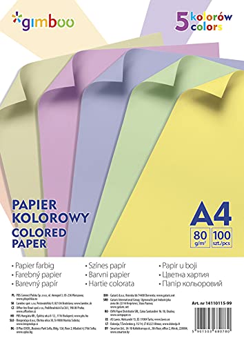 Gimboo Buntpapier Pastell 100 Blatt A4/ 80 gsm/Farbmischung aus 5 Pastellfarben/Farbpapier Tonpapier Bastelpapier/Papier für Dekorieren/für DIY Kunst Handwerk von gimboo