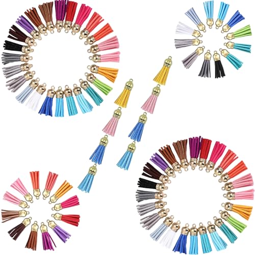 Mini Quasten Anhänger,100 Pcs Kunstleder Quastenanhänger Tasche Schlüsselanhänger Zubehör Anhänger Handmade Leder Quaste für Schlüssel für Schlüsselring Dekoration DIY Schmuckherstellung Bastelbedarf von Ginddy