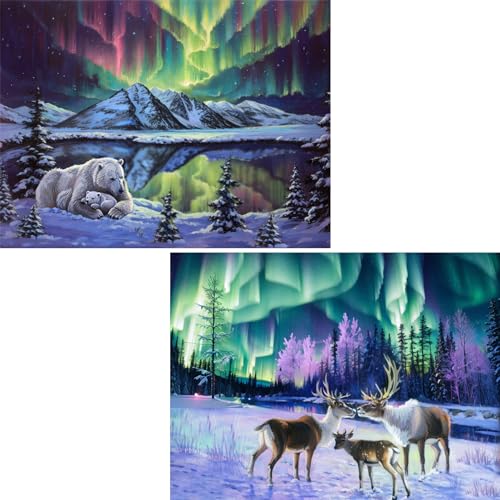 Ginfonr Diamond Painting 5D Diamant Malerei Aurora Bärenhirsch Schnee Winter Nach Anzahl Kits Full Drill Paint Mit Diamonds Arts Wall Decor 30 * 40 cm, 2Pack von Ginfonr