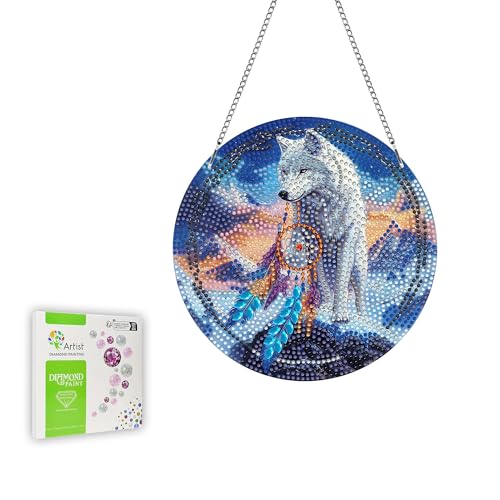 Ginfonr Diamond Painting Kits Anhänger Wolf Diamond Fensterdeko Hängend, Traumfänger Diamantmalerei Türkranz Sommer für Türdeko, Doppelseitige Deko Hängend für Fenster (20x20 cm) von Ginfonr