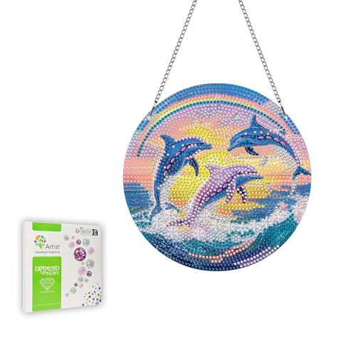Ginfonr Diamond Painting Kits Anhänger, Delfin Diamond Künstler für Deko Haustür, Landschaft Diamantmalerei Sonnensegel für Wanddeko, Doppelseitige Hängedeko Fenster (20x20 cm) von Ginfonr