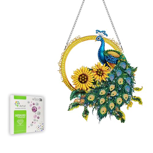 Ginfonr Diamond Painting Kits Hängeanhänger, Pfau Diamond Fensterdeko Hängend, Sonnenblume Diamantmalerei für Deko Haustür Sonnensegel, Doppelseitige Hängekits für Fenster (20x20 cm) von Ginfonr
