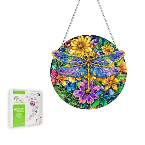 Ginfonr Diamond Painting Kits Anhänger Libelle Diamond Deko Haustür für Erwachsene, Fensterdeko Hängend Blume Diamantmalerei Sonnensegel, Doppelseitige Fensterdeko Hängend Modern (20x20 cm) von Ginfonr