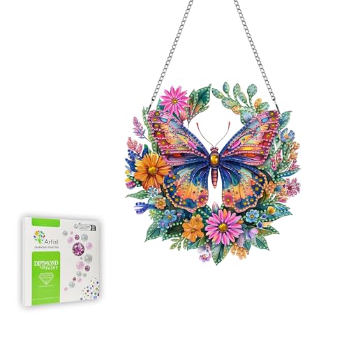Ginfonr Diamond Painting Kits Anhänger Schmetterling Sommer-Dekoration für Türdeko, Spezialform Strasssteine Blume Fensterdeko Hängend, Doppelseitige Fenster Deko Hängen für Fenster (20 * 20 cm) von Ginfonr