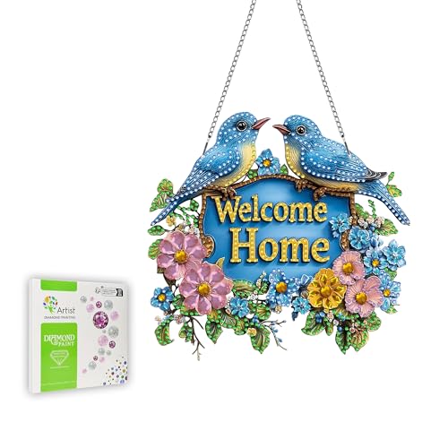 Ginfonr Diamond Painting Kits Hängeanhänger Tier Willkommensschild Haustür für Türdeko, Spezialform Strasssteine Blume Türkranz Sommer, Doppelseitige Hängedeko Fenster für Wanddeko (20x20 cm) von Ginfonr