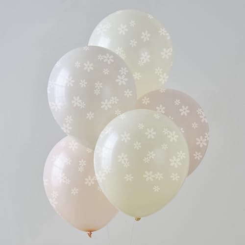 Ginger Ray Gänseblümchen-bedruckte Latex-Luftballons, Frühlingsparty-Dekoration mit 5 Luftballons in Creme, Rosa und Pfirsich von Ginger Ray