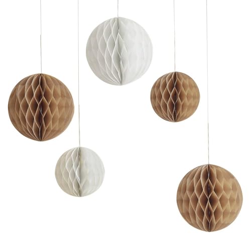 Ginger Ray Neutral Ivory and Light Brown Hanging Honeycombs Baby Shower Decoration 5 Pack, Variety Pack von Ginger Ray