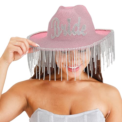 Ginger Ray Verzierter, mit Diamanten besetzter Cowboyhut „Braut“, rosa glitzernd, mit Quastenrand, tragbar für den Junggesellinnenabschied Ginger Ray Verzierter, mit Diamanten besetzter Cowboyhut „Braut“, rosa glitzernd, mit Quastenrand, tragbar für den Junggesellinnenabschied von Ginger Ray