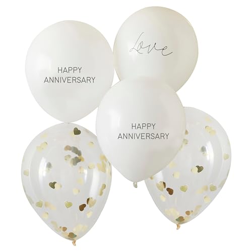 Ginger Ray Weiß & Gold Happy Anniversary und Herz Konfetti 30,5 cm Latex Luftballons – 5 Stück von Ginger Ray