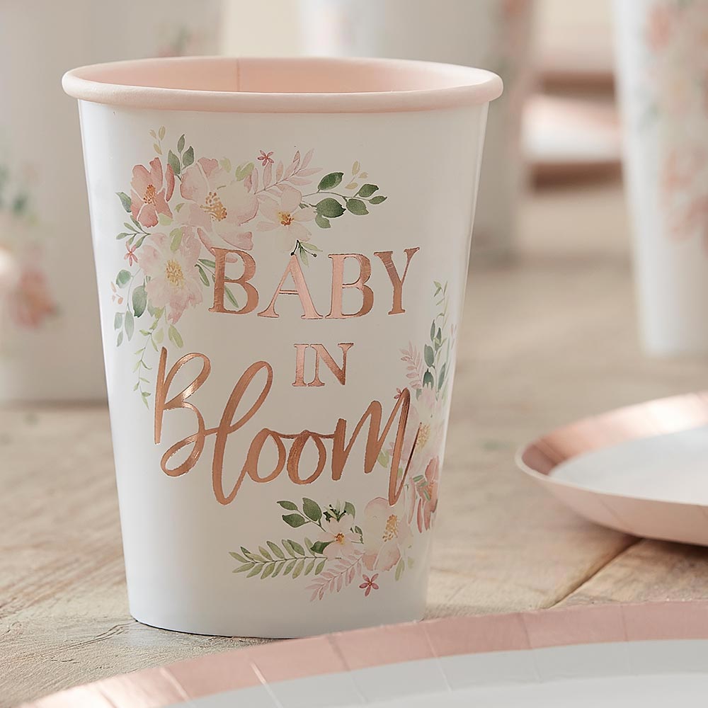 Pappbecher, Baby in Bloom, mit Verzierung in rosegold, 266ml von Ginger Ray