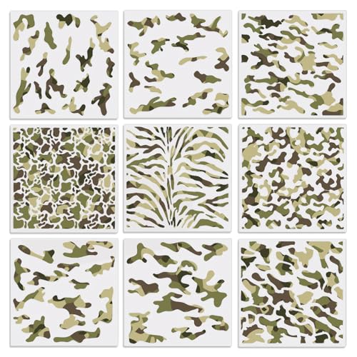 Camouflage-Schablonen, 30 x 30 cm, Camouflage-Schablonen für Sprühfarbe, wiederverwendbar, waschbar, kreative Schablonen zum Malen, geeignet für Holz, Stoff, Metall und Möbelwände, 9 Stück Camouflage-Schablonen, 30 x 30 cm, Camouflage-Schablonen für Sprühfarbe, wiederverwendbar, waschbar, kreative Schablonen zum Malen, geeignet für Holz, Stoff, Metall und Möbelwände, 9 Stück von Giococo