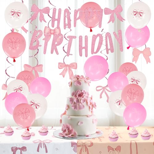 Party-Dekorationen mit rosa Schleife, 28 Stück, kokette Geburtstagsdekorationen mit weißer und rosa Schleife, Tischdecke, Luftballons, hängende Wirbel, Geburtstagsbanner von Giococo