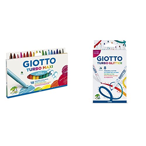 Giotto 0763 00 - Turbo Maxi Faserschreiber Kartonetui mit Hängelasche 18 sortierte Farben & 4258 00 - Turbo Glitter, 8 Fasermaler von Giotto