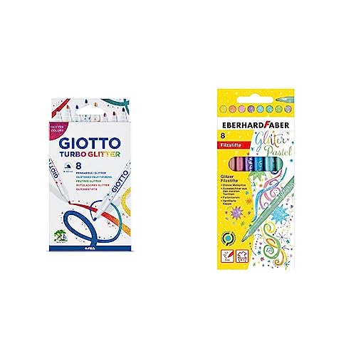 Giotto 4258 00 - Turbo Glitter, 8 Fasermaler, bunt & Eberhard Faber 551009 - Glitzer Filzstifte in 8 intensiven Pastell-Farben, Minenstärke 3 mm von Giotto