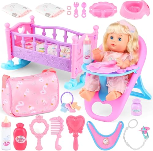 13" Baby Puppe Set mit Zubehör, Puppen Rollenspiel-Spielzeug für Mädchen ab 3 Jahren, inkl. Bett, Füttern-Set, Kleidung, interaktiver Flasche & Stuhl, komplettes Puppenpflege-Set mit Lernfunktion 13" Baby Puppe Set mit Zubehör, Puppen Rollenspiel-Spielzeug für Mädchen ab 3 Jahren, inkl. Bett, Füttern-Set, Kleidung, interaktiver Flasche & Stuhl, komplettes Puppenpflege-Set mit Lernfunktion von GirlDiary