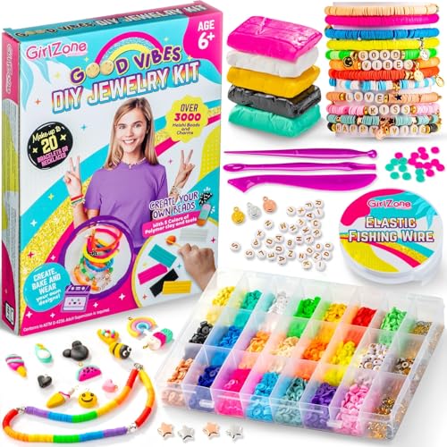 GirlZone Good Vibes Schmuck-Bastelset, Armbänder zum Selbermachen mit Perlen & Ton zum Herstellen von niedlichen Anhängern für Freundschaftsarmbänder & Schmuck für Mädchen von GirlZone
