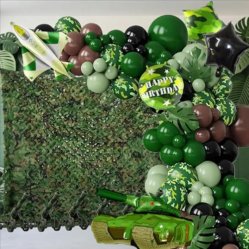 Luftballon-Girlande, Militär-Camouflage-Set, 141 Stück, Armeegrün und Schwarz, Geburtstagsparty-Dekorationen mit Tarnnetz, Panzern, Flugzeugen für Jungen, Camouflage-Mottoparty-Zubehör Luftballon-Girlande, Militär-Camouflage-Set, 141 Stück, Armeegrün und Schwarz, Geburtstagsparty-Dekorationen mit Tarnnetz, Panzern, Flugzeugen für Jungen, Camouflage-Mottoparty-Zubehör von Girouette