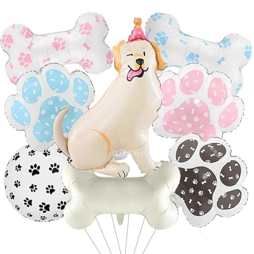 Luftballon-Set mit Hundemotiven, 8 Stück, 1 Hund, 3 Knochen und 3 Pfotenabdruck-Designs mit gepunktetem Luftballon, Rosa, Blau, Schwarz, Dekor für Haustiergeburtstagsfeiern von Girouette