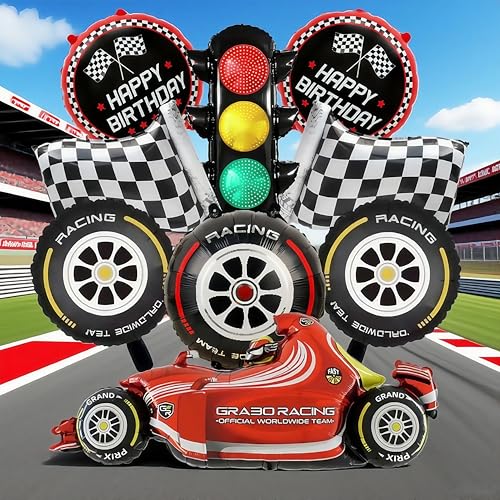 Rennwagen-Geburtstagsparty-Ballon-Set – 9-teiliges Formel-1-Themen-Dekor mit karierter Flagge, Ampel für Jungen, Rennpartyzubehör von Girouette