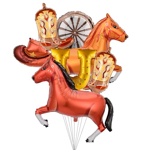 Western Luftballons Set 7-teilig Pferd, Stiefel & Cowboyhut Designs mit Wagenrad und Hufeisen - Cowboy Party Dekor für Saloon Gatherings und Themenveranstaltungen von Girouette
