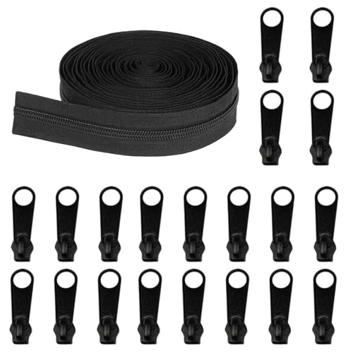 GisWell 1 Rolle Endlos Reissverschluss mit Zipper, Reißverschluss Endlos, Endlosreißverschluss 4MM 9,3M mit 20 Stück Reißverschluss(Schwarz) von GisWell
