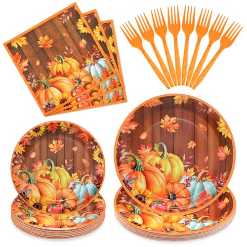 96-teiliges Thanksgiving-Kürbis-Geschirr-Set, Partyzubehör, rustikale Holzmaserung, Einweggeschirr mit Pappteller, Servietten, Gabeln für Herbsternte, Freundschaftsgeschenke und 96-teiliges Thanksgiving-Kürbis-Geschirr-Set, Partyzubehör, rustikale Holzmaserung, Einweggeschirr mit Pappteller, Servietten, Gabeln für Herbsternte, Freundschaftsgeschenke und von Gistome
