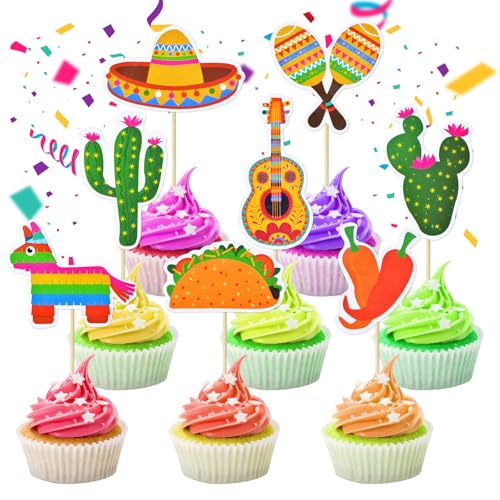 Cupcake-Aufsätze mit mexikanischem Fiesta-Motiv, Kaktus, Sombrero, Maraca, Gitarre, Taco, Piñata, Chili, Pfeffer, Cupcake-Picks, mexikanisches Fiesta-Thema, Cinco de Mayo, Geburtstagsparty, Cupcake-Aufsätze mit mexikanischem Fiesta-Motiv, Kaktus, Sombrero, Maraca, Gitarre, Taco, Piñata, Chili, Pfeffer, Cupcake-Picks, mexikanisches Fiesta-Thema, Cinco de Mayo, Geburtstagsparty, von Gistome