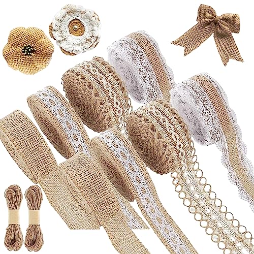 8 Roll Natürliche Juteband Spitzenband, Juteband mit Spitze, Vintage Deko Hochzeit mit 2 Juteseil, Natürliche Spitzenband Selbstklebend Band für DIY Handwerk Deko Hochzeit Geburtstag Party von Giugio