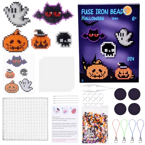 Bügelperlen Vorlagen Set, 5MM Steckperlen Halloween Bügelperlen, Set mit 5 Steckplatten, Fledermäuse, Geister, Kürbisse Muster, Kreatives Perlenset DIY Spielzeug für Kinder ab 3 Jahren von Giugio