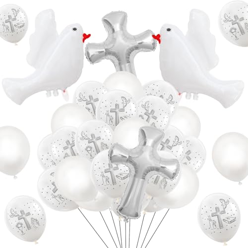 Giugio Luftballons Kommunion, 34 Stück Kommunion Ballons, Taube Taufe Deko, Weiß Luftballons mit Kreuz, Taufe Deko, Deko kommunion Kreuzballon Konfirmation Deko Mädchen Junge Party Luftballons von Giugio