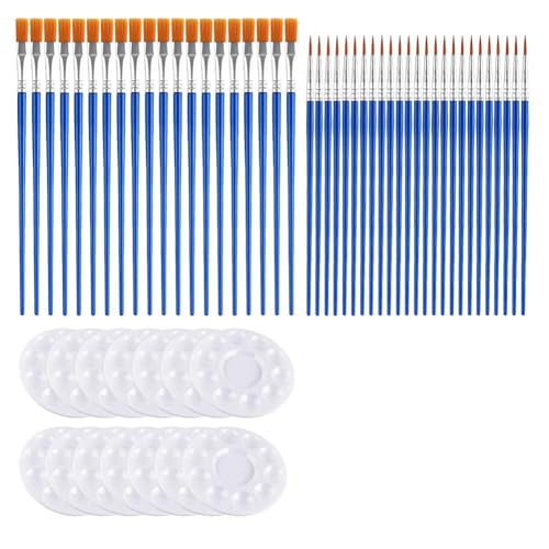 Giuneuow 150-Teiliges Pinsel-Paletten-Set, Einschließlich 100 Nylon-Pinseln und 50 Runden Kunststoff-Farbwannen-Paletten von Giuneuow