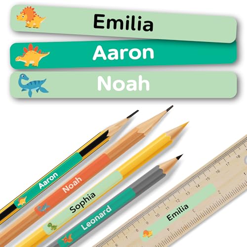 Personalisierte Namensaufkleber Schule (75 Stück) – Dinosaurier Aufkleber – Wasserfeste Sticker für Kinder, Selbstklebende Etiketten für Schulmaterial, Flaschen & Brotdosen – Namensaufkleber Stifte von GiveSmiles