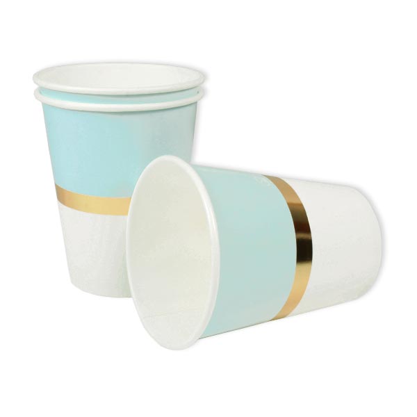 Pappbecher mit Banderolen in hellblau-gold, 8er Pack, 250ml Pappbecher mit Banderolen in hellblau-gold, 8er Pack, 250ml von Givi Italia S.r.l.
