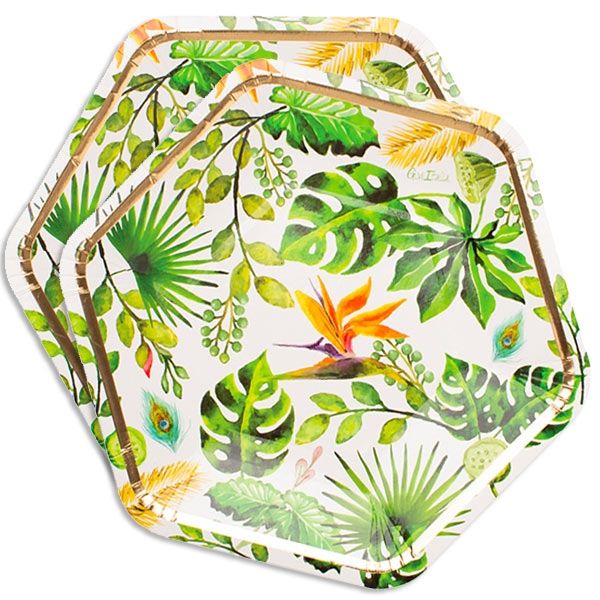 Dschungelparty 8 sechseckige Pappteller im tropischen Design, 23cm Dschungelparty 8 sechseckige Pappteller im tropischen Design, 23cm von Givi Italia