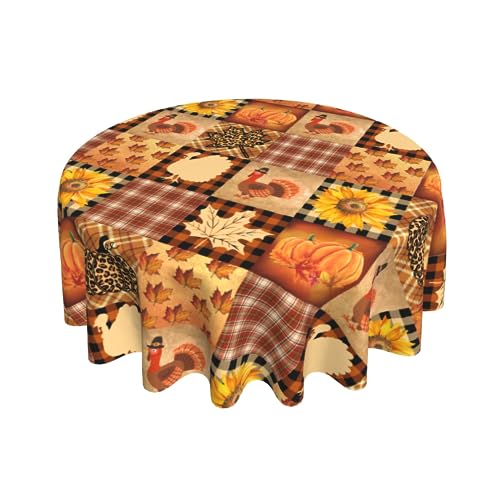 Giwawa Runde Tischdecke für Thanksgiving, 152,4 cm, Herbst-Truthahn, Kürbis, Sonnenblumen, Ahornblatt-Druck, Tischdecke, kariert, Büffelkariert, rutschfest, für Küche, Esszimmer, Bauernhaus, von Giwawa