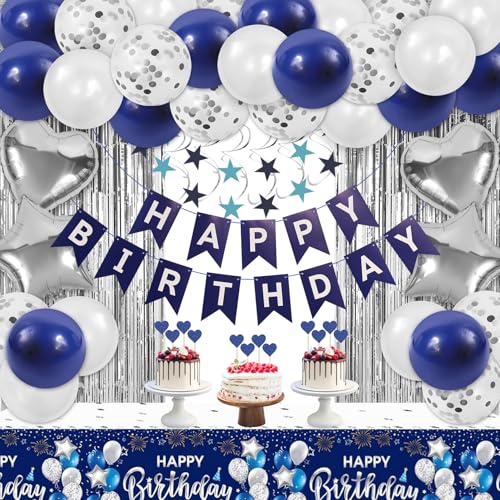 Blau Silber Party Dekorationen, Blau Luftballons Geburtstag Dekorationen, Happy Birthday Banner Golden Fransen Vorhang Tischdecke Hängende Wirbel Herz Stern Folie Konfetti Luftballons Blau Silber Party Dekorationen, Blau Luftballons Geburtstag Dekorationen, Happy Birthday Banner Golden Fransen Vorhang Tischdecke Hängende Wirbel Herz Stern Folie Konfetti Luftballons von Giyofom