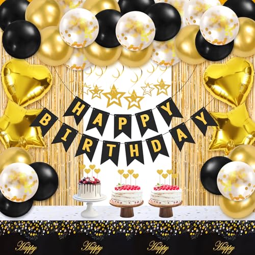 Schwarz und Gold Party Dekorationen, Schwarz und Gold Luftballons Geburtstag Dekorationen, Happy Birthday Banner Golden Fransen Vorhang Tischdecke Hängende Wirbel Herz Stern Folie Konfetti Luftballons Schwarz und Gold Party Dekorationen, Schwarz und Gold Luftballons Geburtstag Dekorationen, Happy Birthday Banner Golden Fransen Vorhang Tischdecke Hängende Wirbel Herz Stern Folie Konfetti Luftballons von Giyofom