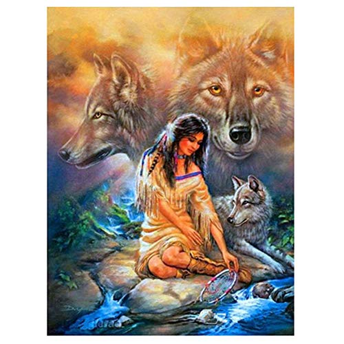 5D Diamond Painting Full Set, Indianer Wolf DIY Diamant Painting Bilder, Diamant Malen Kits, Groß 5D Diamant Malerei Kreuzstich Diamond Dekoration für Wand Dekorationen, Round Drill 30x40cm von Giyuco