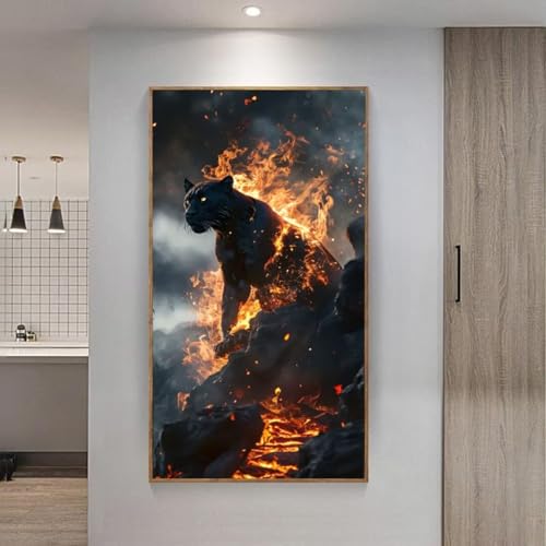 5D Diamond Painting Großes XXL, Diamant Painting Feuerschwarzer Panther Diamond Art Erwachsene Full Eckige Steine DIY Diamant Kunst Malerei Stickerei Set Kreuzstich, für Home Wand Dekor 50x100 cm L201 von Giyuco