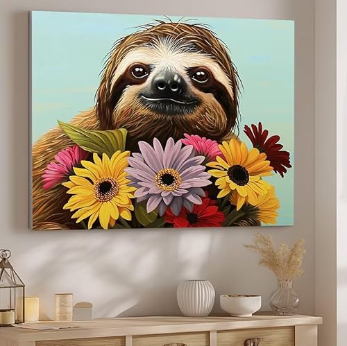 Faultier Malen Nach Zahlen ab 5 6 7 Jahre Mädchen, Malen Nach Zahlen für Kinder Klein mit Pinseln und Acrylfarben, Geeignet Geschenk oder als Home Wand Dekoration (rahmenlos) 40x50cm Blume J-637 von Giyuco