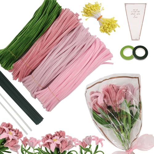 Giznzg Pfeifenreiniger Blumen Set,Pipe Cleaner Flower Set for Crafts,Pfeifenputzer Zum Basteln Blumen Mit Geschenkband Blumenstempel Blumeneinwickelpapier für Blumenstrauß DIY Basteln (4 Farben) von Giznzg