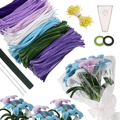 Giznzg Pfeifenreiniger Blumen Set,Pipe Cleaner Flower Set for Crafts,Pfeifenputzer Zum Basteln Blumen Mit Geschenkband Blumenstempel Blumeneinwickelpapier für Blumenstrauß DIY Basteln (7 Farben) von Giznzg