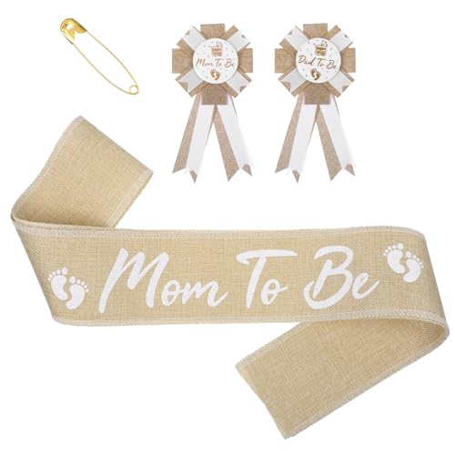 Gjinxi Neutrale Jute-Dekoration, Schärpe und Weißblech, Aufschrift "Mommy to Be and Daddy to Be", rustikale Boho-Schärpe, Weißblech-Abzeichen, Dekorationen für schwangere Andenken, Geschenke, 3 Stück von Gjinxi
