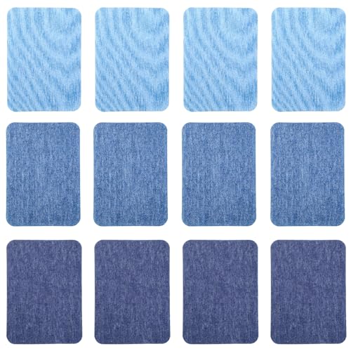 Gjinxi Stoff-Reparaturflicken, 10,2 cm, Baumwolle, zum Aufbügeln für Kleidung innen und außen, Stoffflicken für Denim, Jeans, Kleidung, Reparatur-Set (Hellblau, Himmelblau, Dunkelblau), 12 Stück von Gjinxi